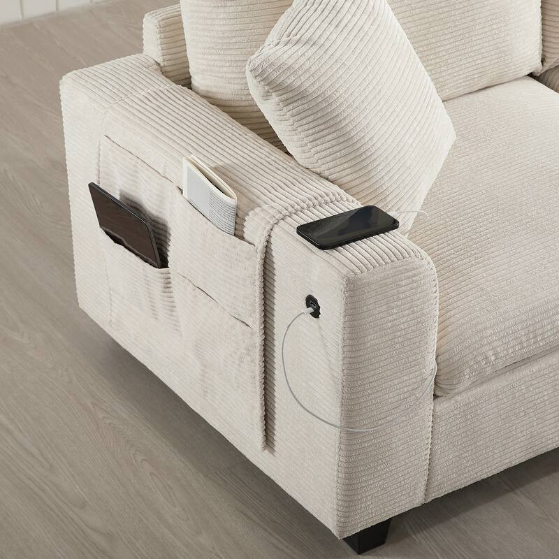 Convertible Modular Sofa 6 Seat Sectional Corduroy Couch with Side Pockets, Cup Holder, USB and Storage Ottoman for Living Room