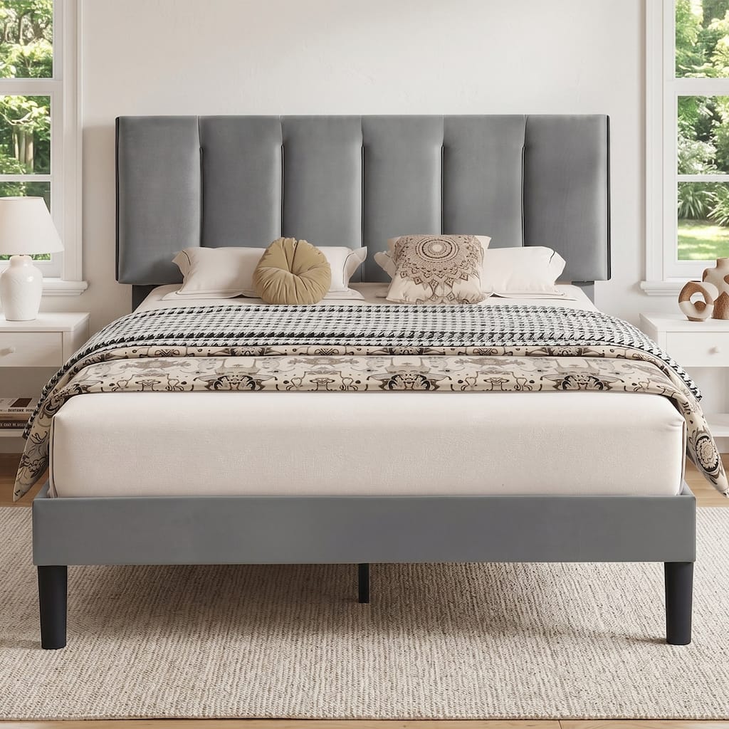 VECELO Tufted Upholstered Platform Bed Frame with Adjustable Height Headboard Twin/Full/Queen Size Beds