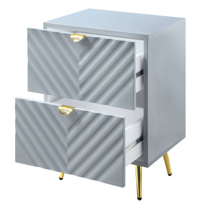 Grey High Gloss 2-Drawer Nightstand with Wave Design and Metal Legs