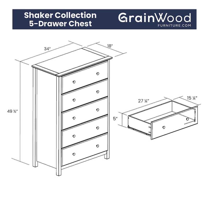 Grain Wood Furniture Shaker 5-drawer Solid Wood Chest