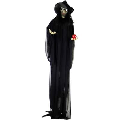 Haunted Hill Farm Life-Size Animatronic Witch, Indoor/Outdoor Halloween Decoration, Flashing Red Eyes, Poseable