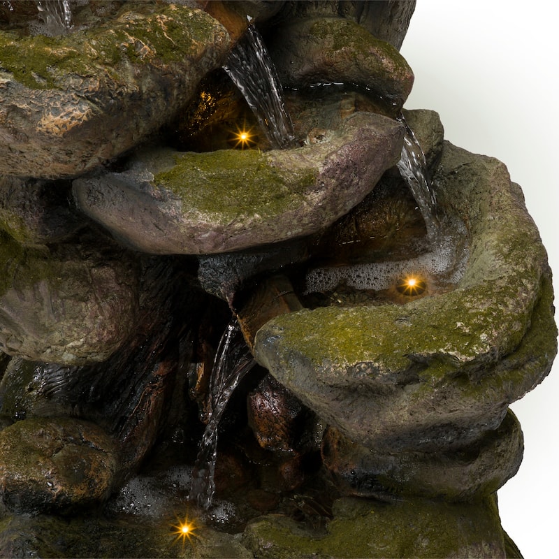 Alpine Corporation WIN1008 39" Gray Outdoor Floor Aged Stone Water Fountain with LED Lights