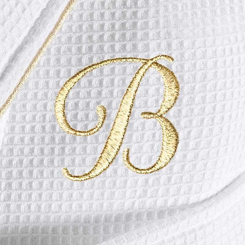 Authentic Hotel and Spa White/Gold Unisex Turkish Cotton Waffle Weave Terry Bath Robe with Gold Script Monogram - S/M - B