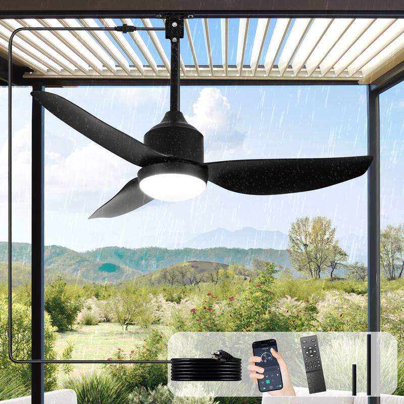 Outdoor Ceiling Fan with Light: 42-52 Inch Hanging - Plug in Waterproof Fans for Patio - Dimmable Remote App Control Black - 42in - Black