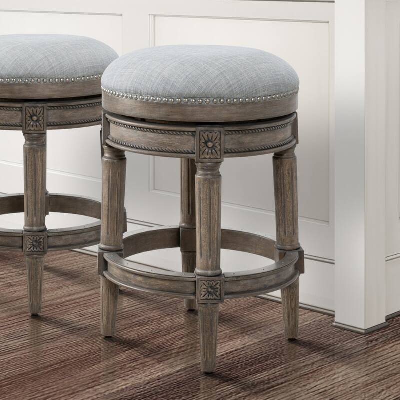 Linen Round Wood Swivel Stool with Nail Head Trim, Backless and Footrest