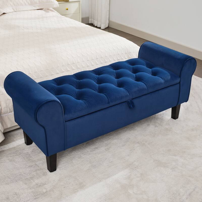 Velvet Storage Bench With Rubber Wood Legs for Bedroom