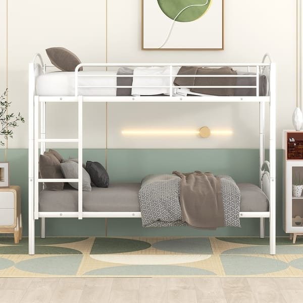 slide 2 of 9, White Matal Twin Bunk Bed wLadder, Guardrail - Convertible into 2 Beds White - Twin