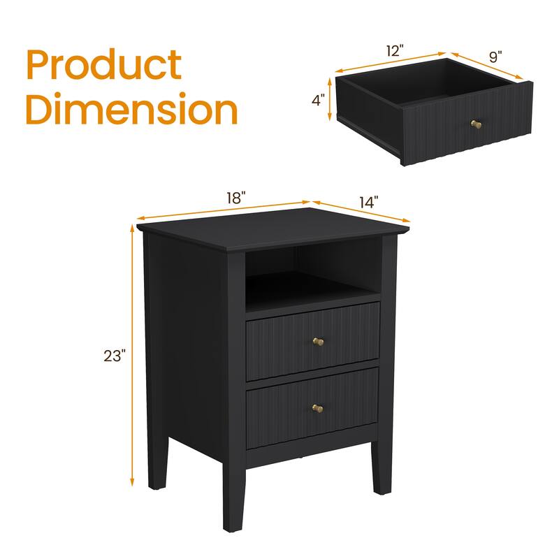 Fluted Nightstand with 2 Drawers and Storage Shelf, Ideal for Bedroom, Living Room, Black