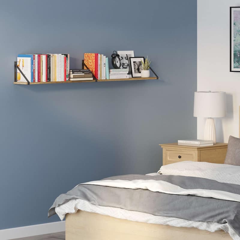 Wallniture Bora 60"x6" Rustic Floating Shelves, Wall Bookshelf Wood, Burnt
