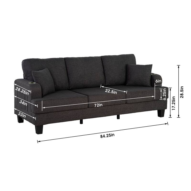 Modern Black Fabric USB Sofa with 2 Cup Holder and 2 Pillows