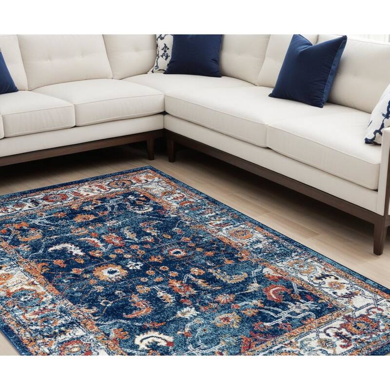 Pepoz Power Loomed Stain Resistant Durable Area Rug By HomeRoots - 141' X '105' X '0.38 - 141' X '105' X '0.38 - Ivory Navy and Orange - Rectangle