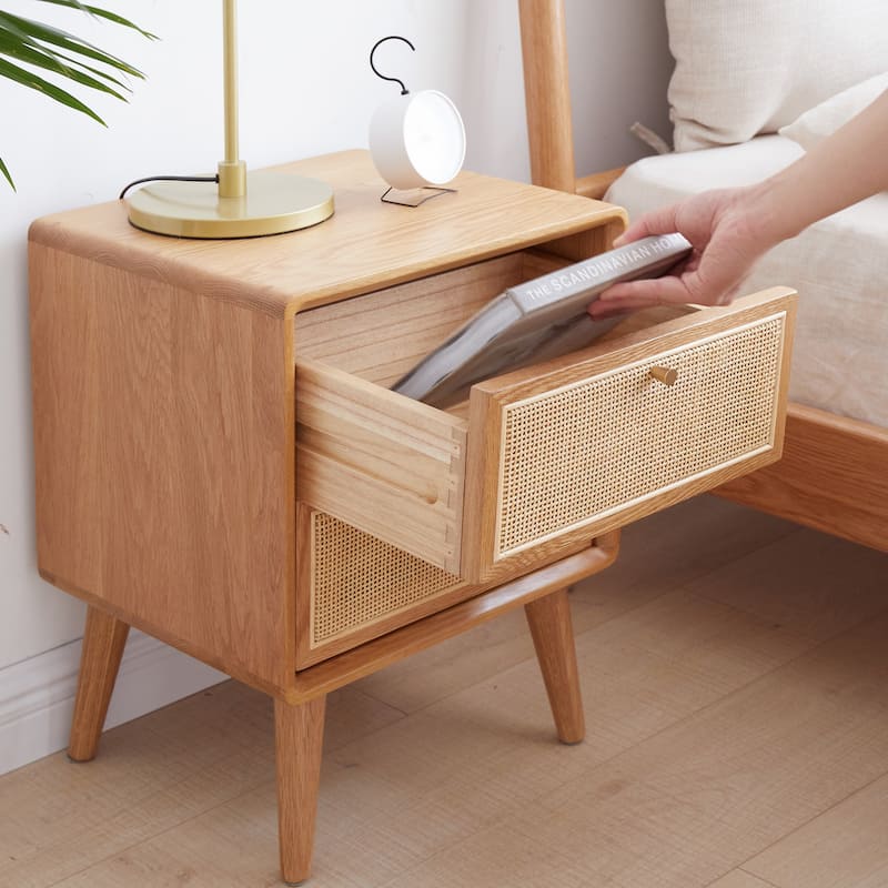 Christopher Knight Home - Maja Solid Oak Nightstand with Handmade Rattan Drawer and Tall Legs, 15.75" Wide Storage Cabinet