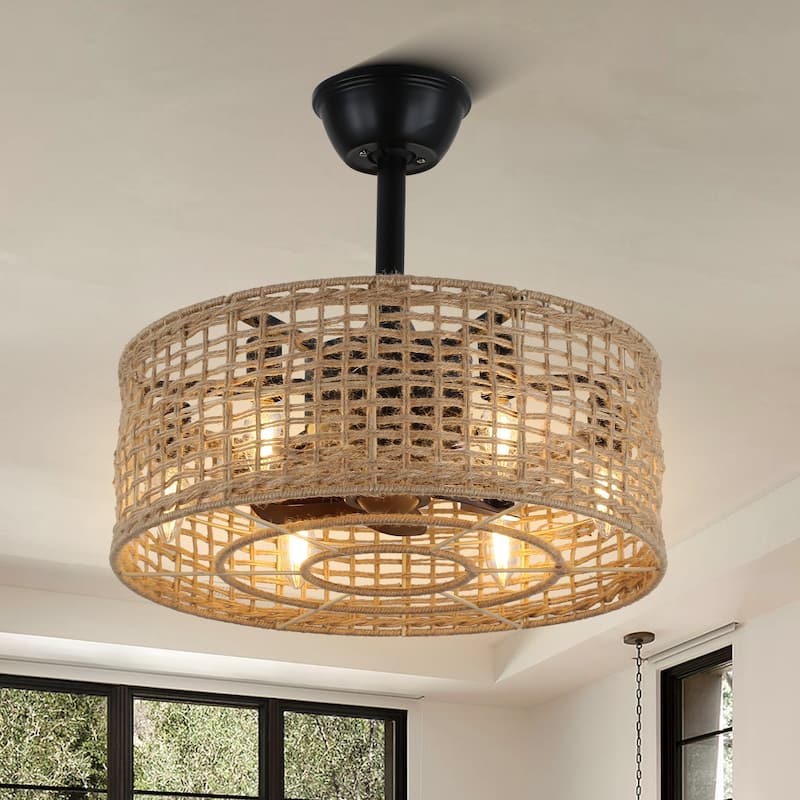 Cusp Barn 18" Boho Ceiling Fan with Remote Control, Caged Rattan 6-Light 3 Speeds Reversible Fandelier for Bedroom Living Room - Remote