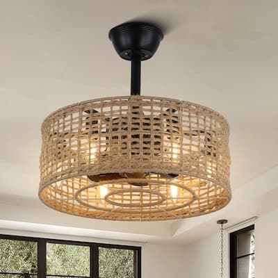 Cusp Barn 18" Boho Ceiling Fan with Remote Control, Caged Rattan 6-Light 3 Speeds Reversible Fandelier for Bedroom Living Room