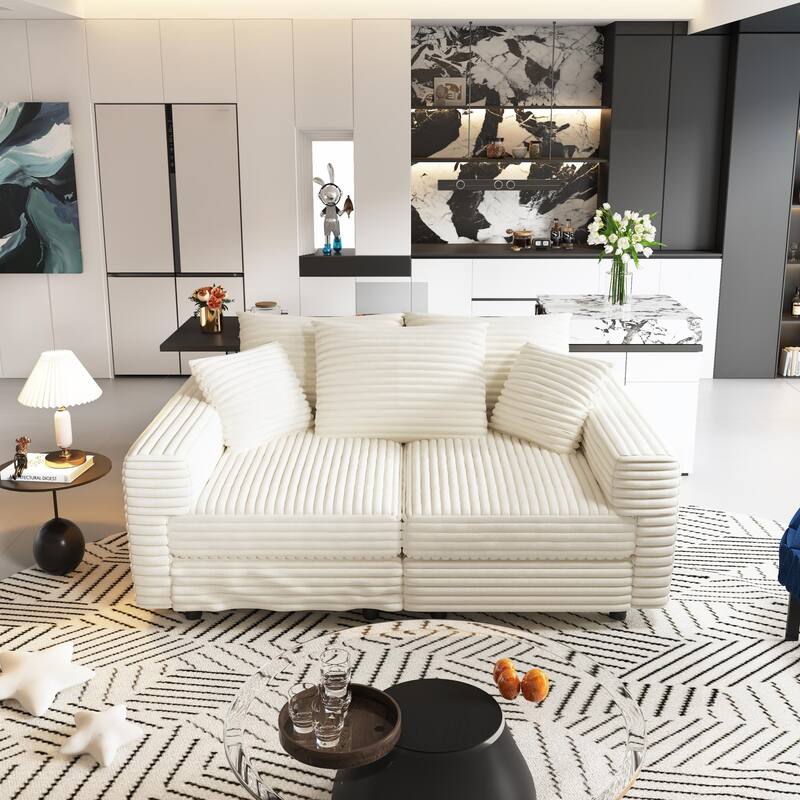 Plush Corduroy Upholstered 3 Seat Sofa , Convertible Deep Seat Lounge Sofa Chair, Cloud Sofa with 5 Soft Pillows