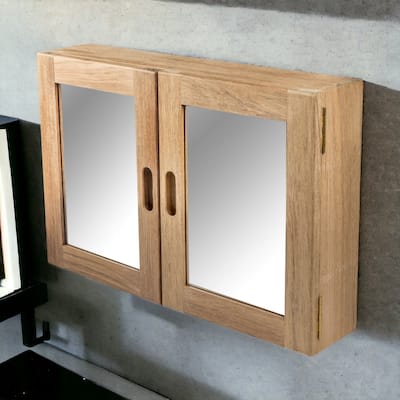 HomeRoots Traditional Solid Teak Double Door Mirrored Medicine Cabinet - 15" X 22.50" X 4.50"
