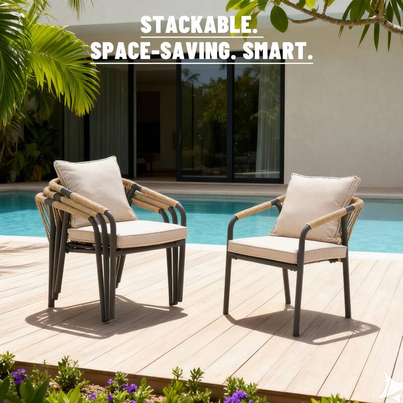 Outdoor Stackable Dining Chair Set of 2 or 4 with PE Wicker Back & Iron Frame