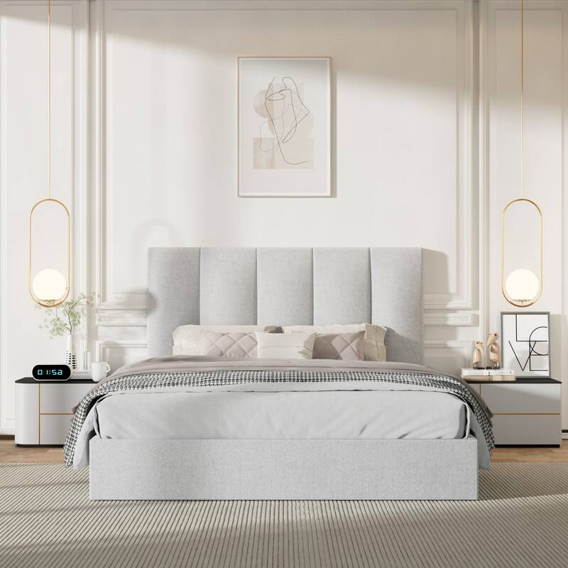 Modern Upholstered Lift-Up Storage Platform Bed with Headboard - Light Grey - Queen