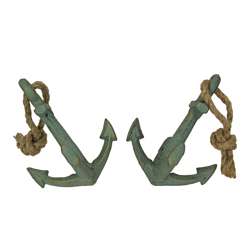 Set Of 2 Cast Iron Ship Anchor Bookends Nautical Home Decor Sculptures - 4.75 X 4.5 X 3.25 inches - Green