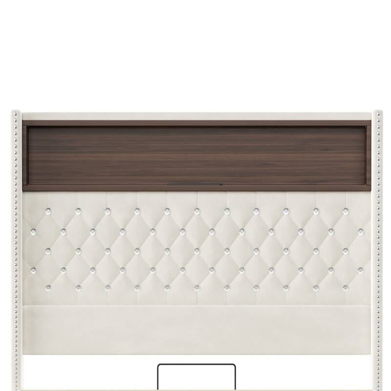 Velvet Tufted Platform Bed with USB Port and Night Light with 52'' High Headboard Shelf