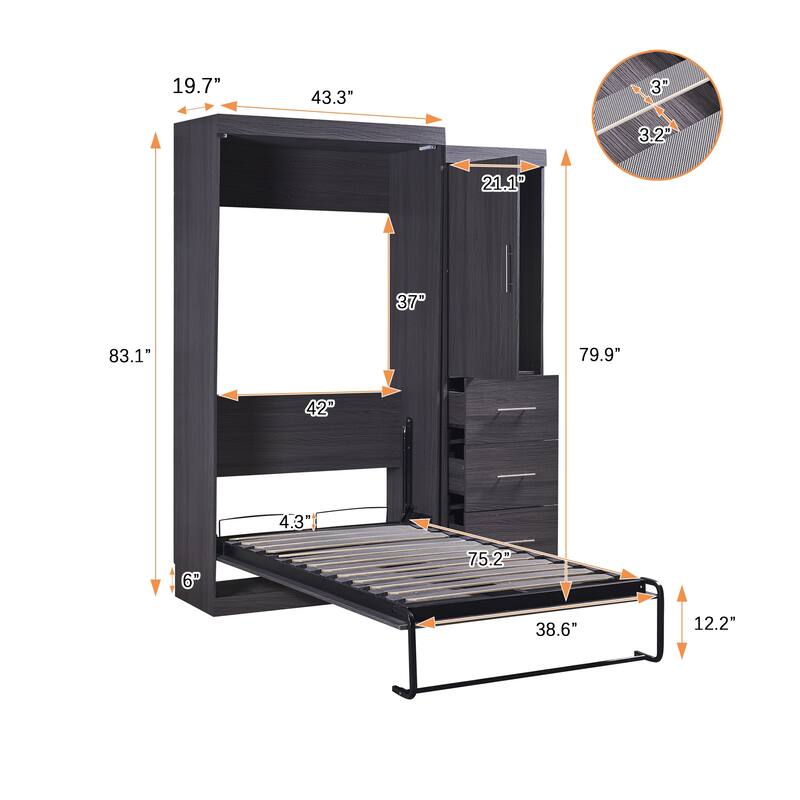 Foldable Twin/Full Murphy Bed with Wardrobe and Drawers, Storage Cabinet, No Box Spring Needed