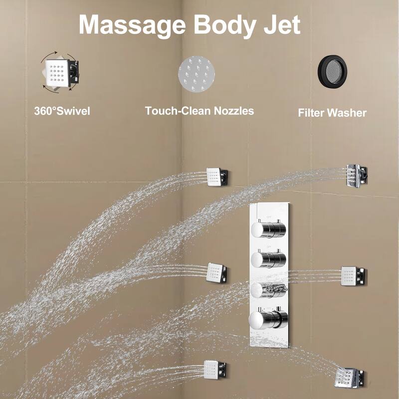 Luxury Thermostatic Shower System 3-Spray Patterns 12" Wall Mount Rain Dual Shower Heads with LED and 6 Body Jets in Chrome