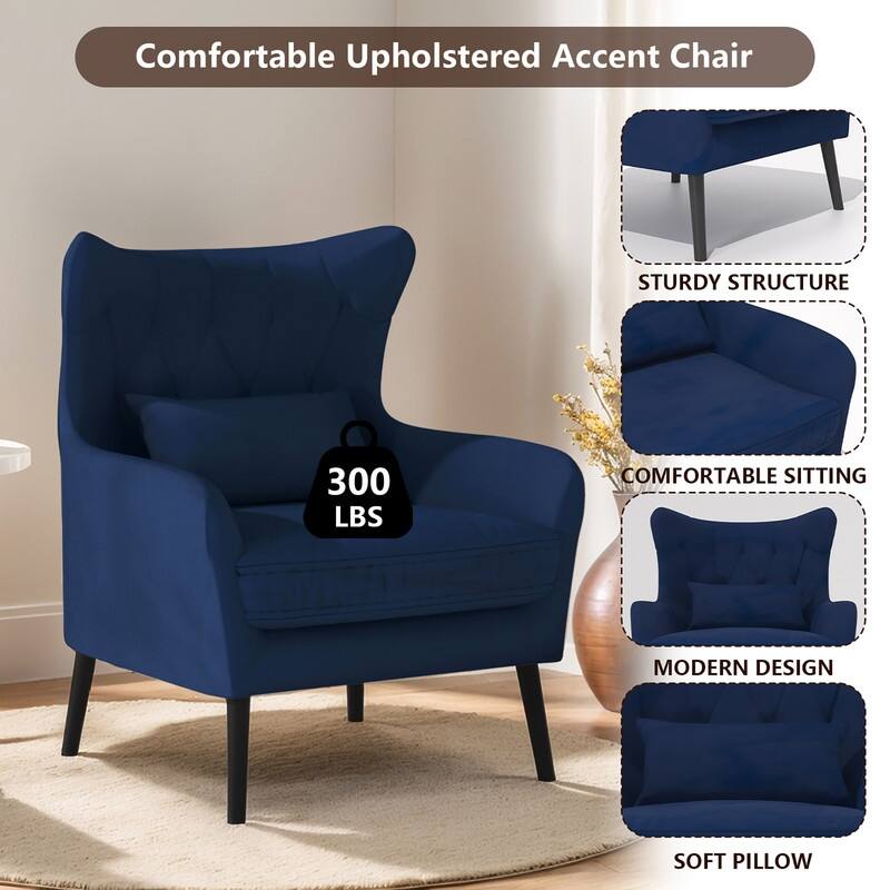 Velvet Accent Chair Upholstered Comfy Thick Cushion For Living Room - Navy
