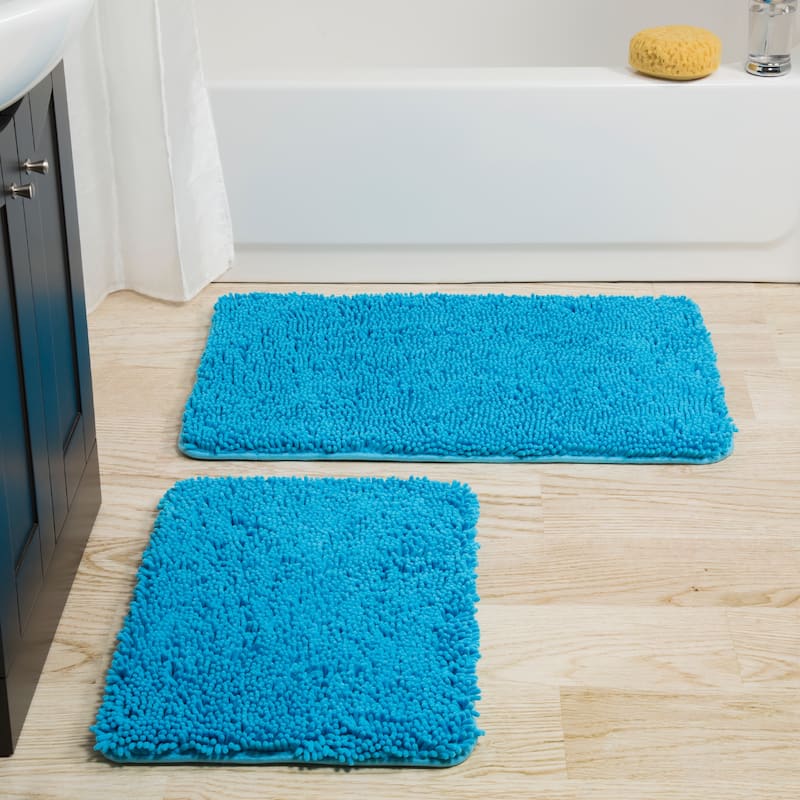 Bathroom Rugs - 2-Piece Memory Foam Bathroom Set with Chenille Shag Top and Non-Slip Base by Windsor Home - Blue