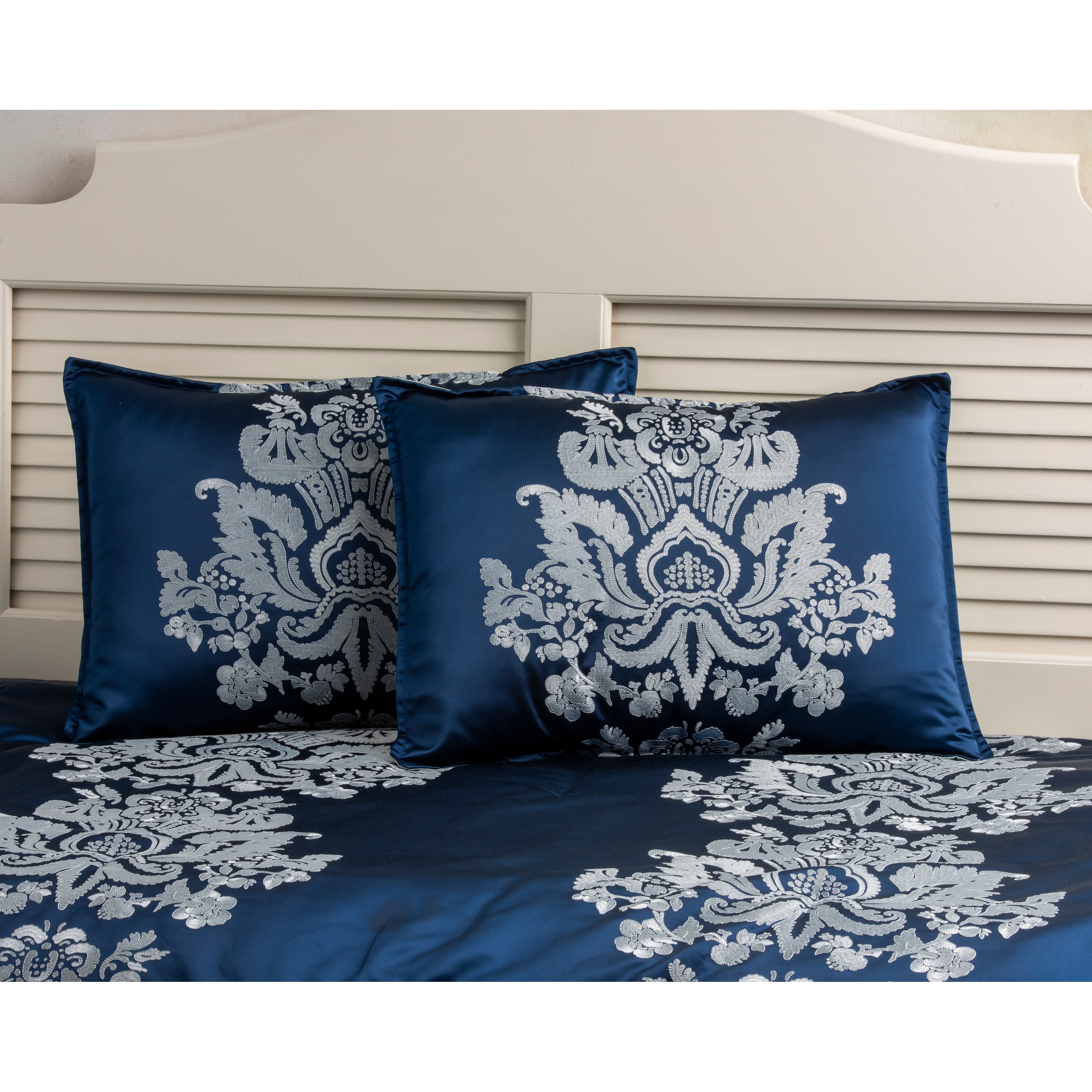 Sussex deep blue comforter mini set with light blue damask medallion embroidery Bed Bath Beyond 36835954