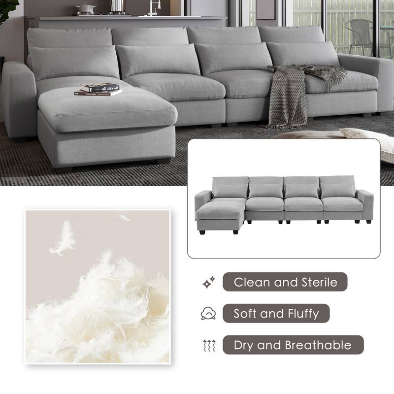 Modern L-shaped feather-filled sectional sofa with reversible chaise longue