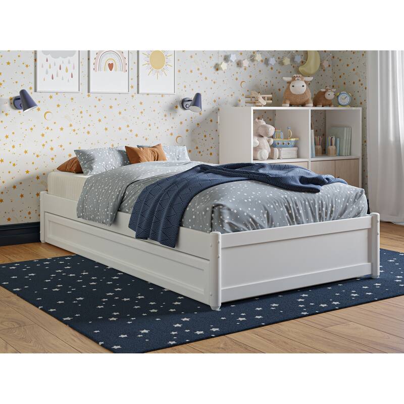 Asian Twin Panel Bed with Trundle - White Platform Bed Frame - Space Saving Design - Hardwood Frame