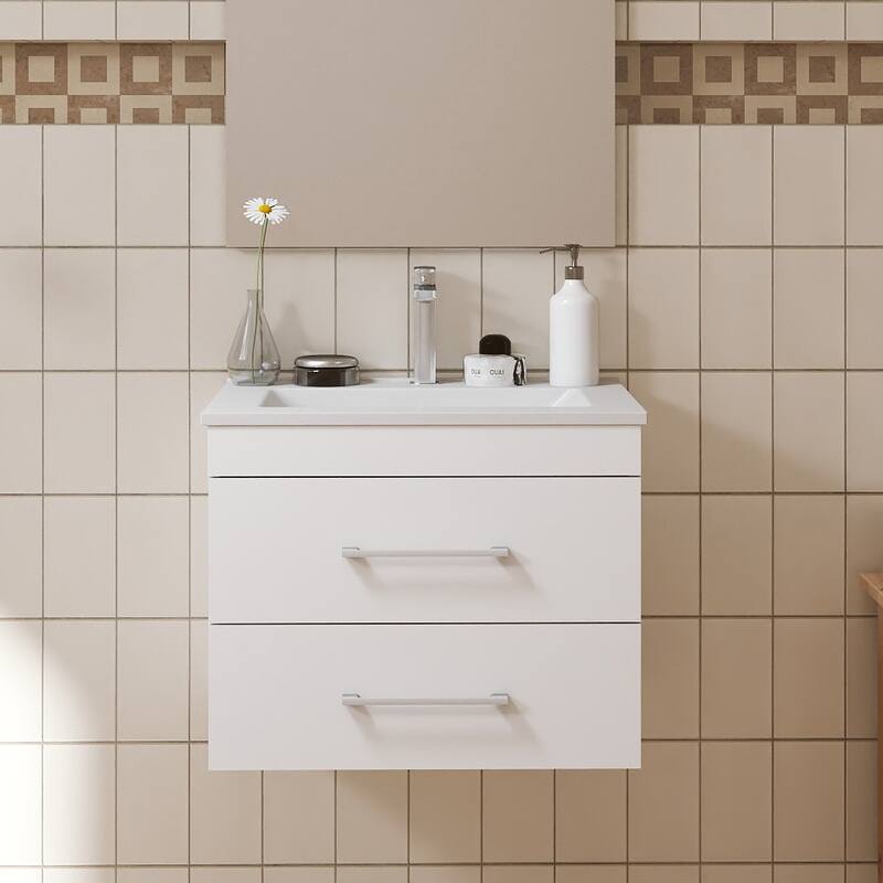 GDFStudio - 24-Inch Gloss Wall-Mounted Bathroom Vanity with Double Drawers Ceramic Sink, and Aluminium Frame - Cabinet+Basin - Glossy White
