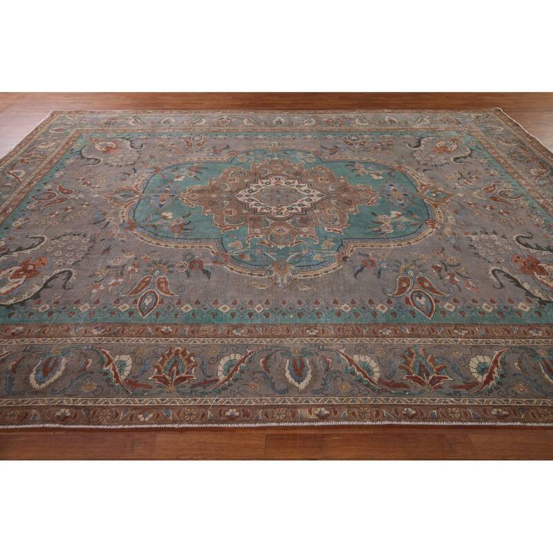Gray Geometric Tabriz Persian Antique Area Rug Handmade Wool Carpet - 10'1" x 12'7"