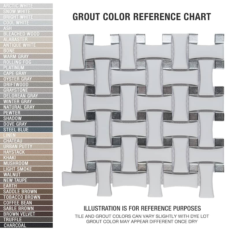 Merola Tile Metro Dog Bone Basketweave Matte White with Glass Silver Dot 10" x 10" Porcelain Mosaic Wall Tile