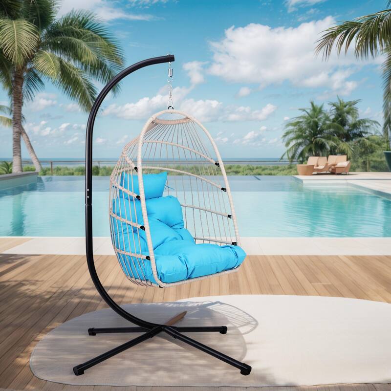 Outdoor Egg Hanging Chair, Swing Chair with Stand & Aluminum-Steel Frame, Patio Rattan Wicker Hanging Swing Egg Chair