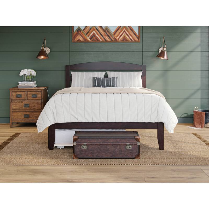 French Flair Wood Platform Bed with Twin XL Trundle & USB Charger, Queen Size