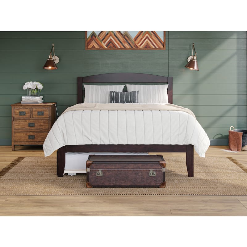 Wood Platform Bed with Trundle & Charging Station - Full Size, Espresso Finish