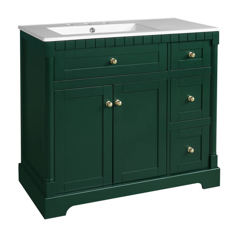 Roomfitters 36 Inch Bathroom Vanity with Sink, Modern Storage Cabinet with Adjustable Shelf and Drawers, Green