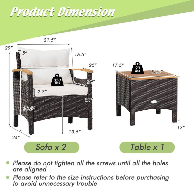 3PCS Patio Rattan Furniture Set Armrest Sofa Wooden Table Top
