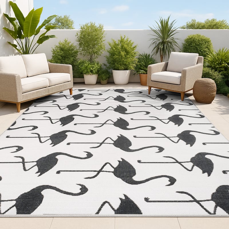 JONATHAN Y Liana Casual Coastal Flamingos Two-Tone Indoor/Outdoor Area Rug