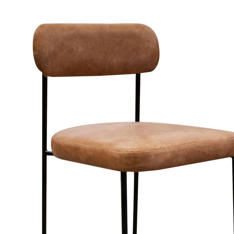 Iffa Counter Height Chair, Open Back, Black Iron, Cognac Brown Faux Leather