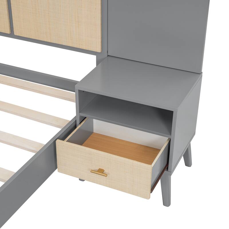 Queen Size Solid Wood Bed Frame with 2 Nightstands, Modern Platform Bed with Headboard, Lamps, Rattan Wood Combination Set