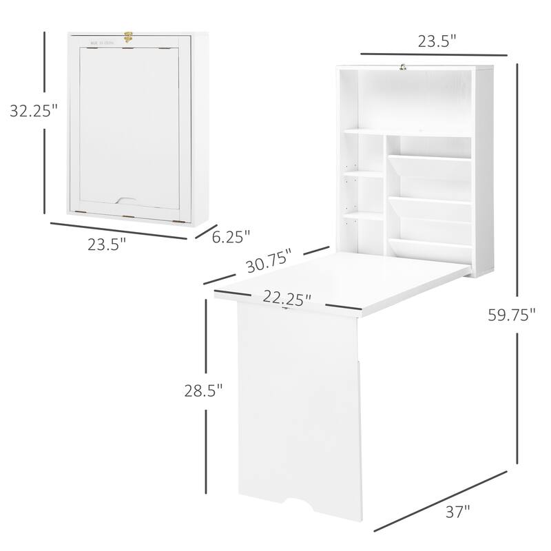 Space-Saving Fold-Out Wall Desk with Multiple Storage Compartments and Adjustable Shelves for Compact Spaces