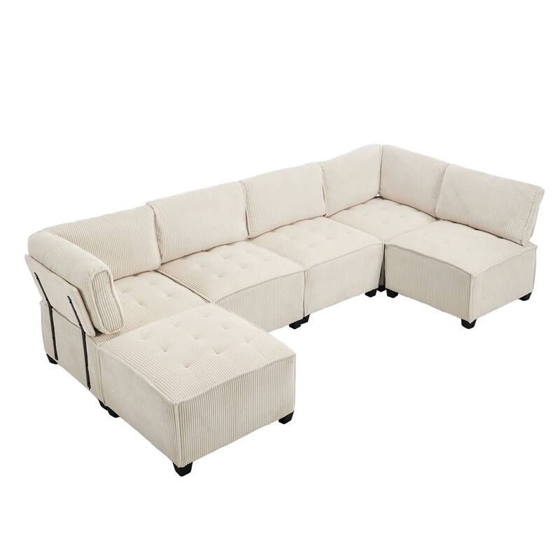 U-Shaped Modular Sectional Sofa, Oversized Corduroy Cloud Couch with Reversible Chaise, Comfy Convertible 6-Seat Corner Couch