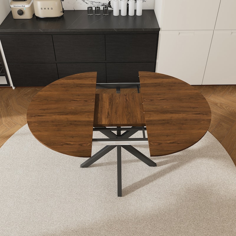 Roomfitters Extendable Round Dining Table, Retractable 42 to 58 Inch Wood Veneer Table with Carbon Steel Base, Walnut Finish