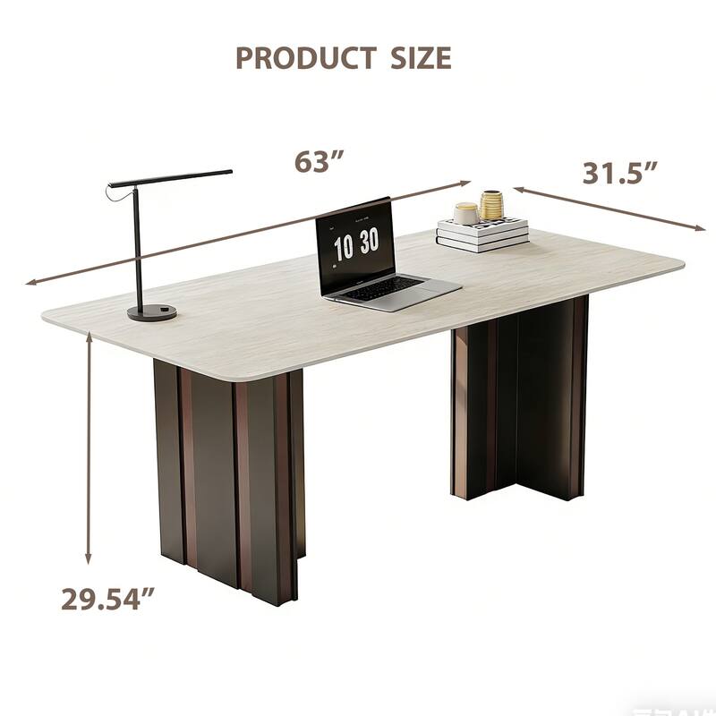 63" Modern Rectangular Writing Desk, Travertine Sintered Stone Top, Stainless Steel Double Base