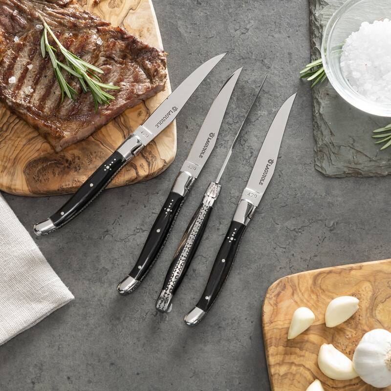 AU NAIN Laguiole Steak Knives with Black Horn Handles, Set of 4