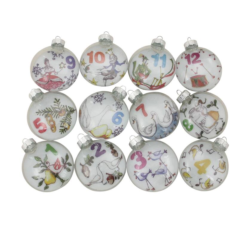 12ct Clear 'The Twelve Days of Christmas' Glass Disc Ornaments 3"