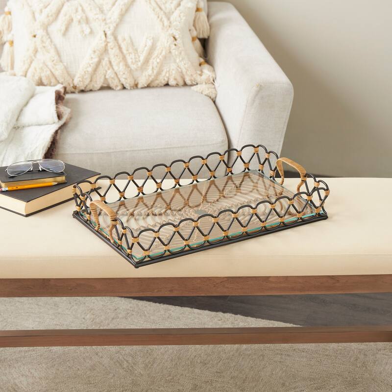 Black Metal Circular Woven Tray with Glass Base - Black - 20"W, 4"H