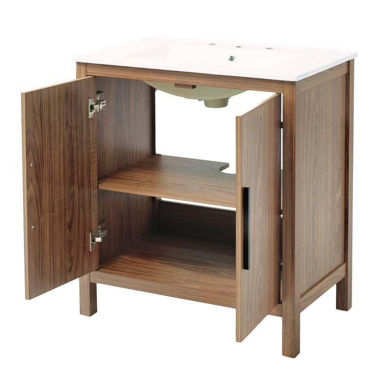 30" Wood Color Bathroom Vanity with Single Sink,Solid Wood Frame